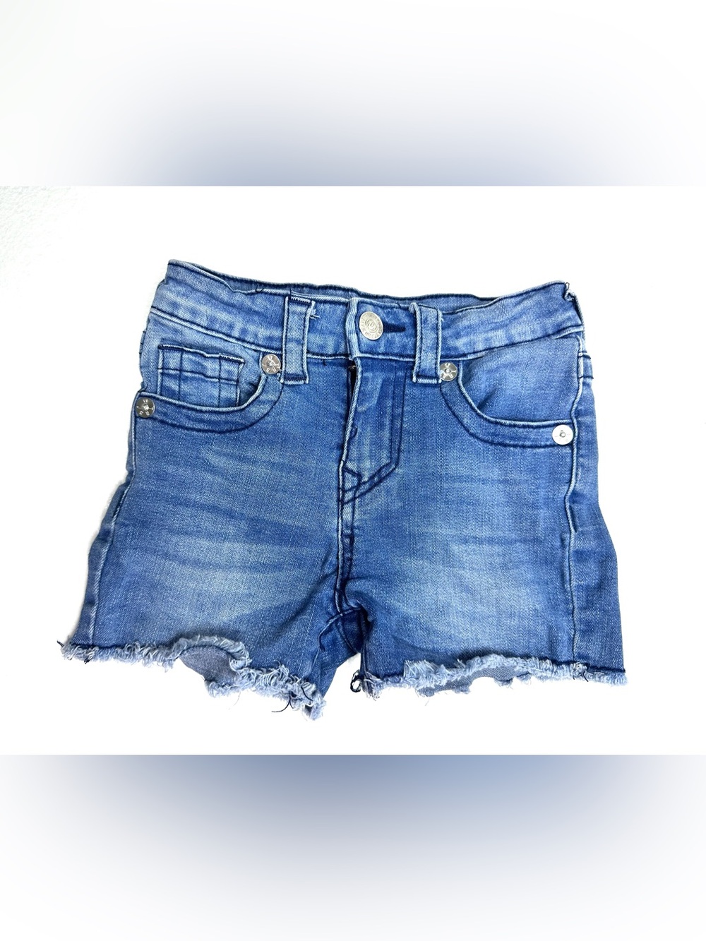True Religion signature embroidered pockets girls frayed denim shorts 6